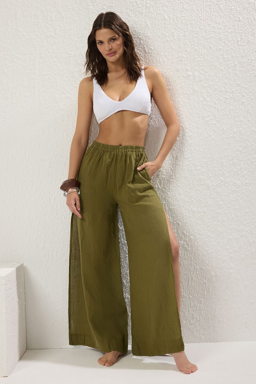 Haki Dokuma Y?rtmacl? %100 Keten Maxi Plaj Yuksek Bel Pantolon TBESS25PL00004