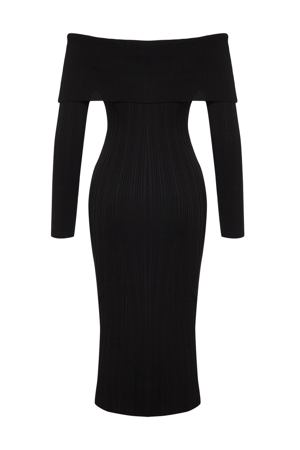 TRENDYOLMILLA Siyah Midi Triko Basic Carmen Yaka Elbise TWOAW25EL00033