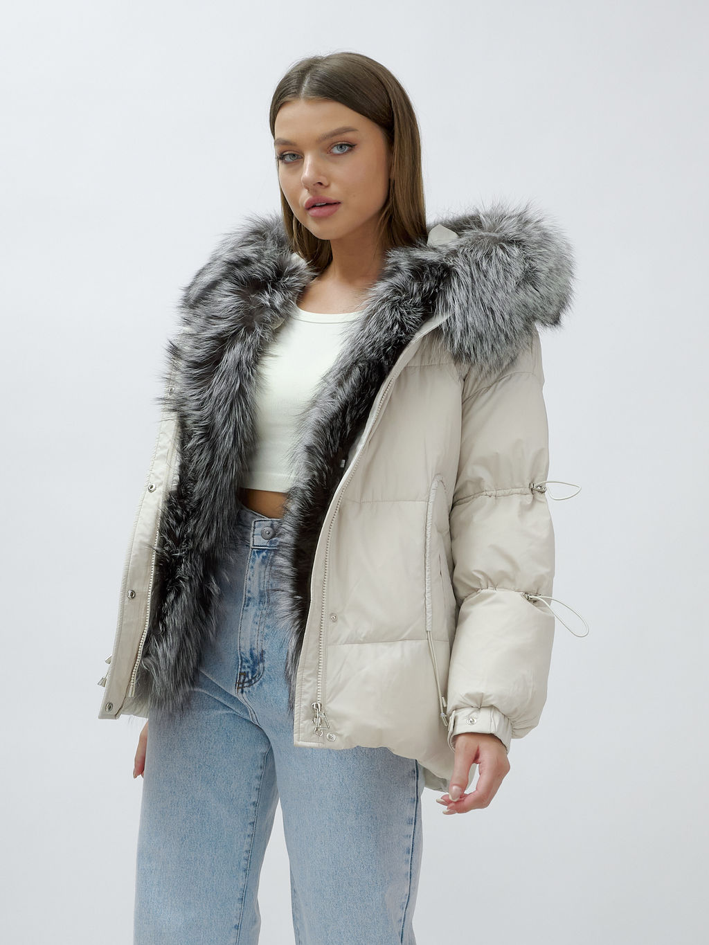 с чернобуркой ПРЕМИУМ класса Полупальто куртка зимняя коричневого цвета  бежевого цвета - Mtforce фото 3