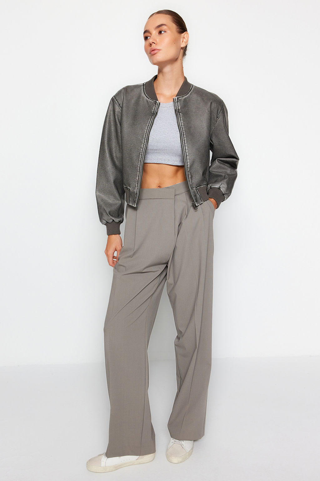 Antrasit Eskitme Detayl_ Suni Deri Bomber Ceket Mont TWOAW24MO00278 - Trendyolmilla фото 7