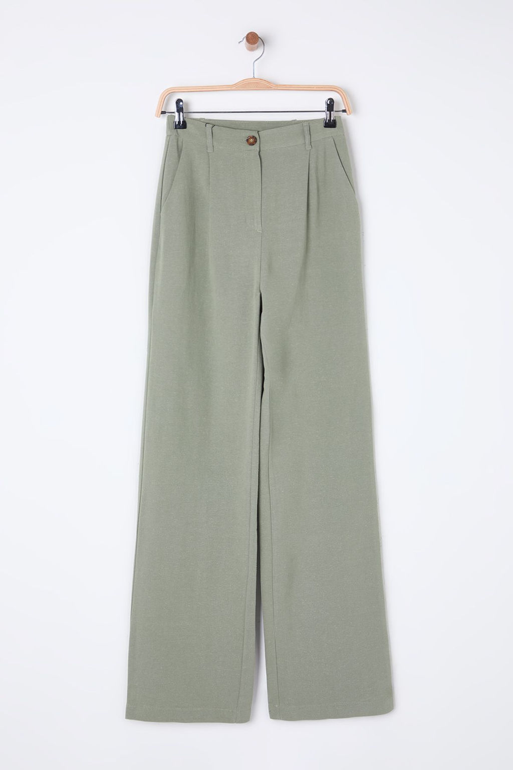 TRENDYOLMILLA Haki Keten Gorunumlu Wide Leg/Genis Paca Dokuma Pantolon TWOSS25PL00018