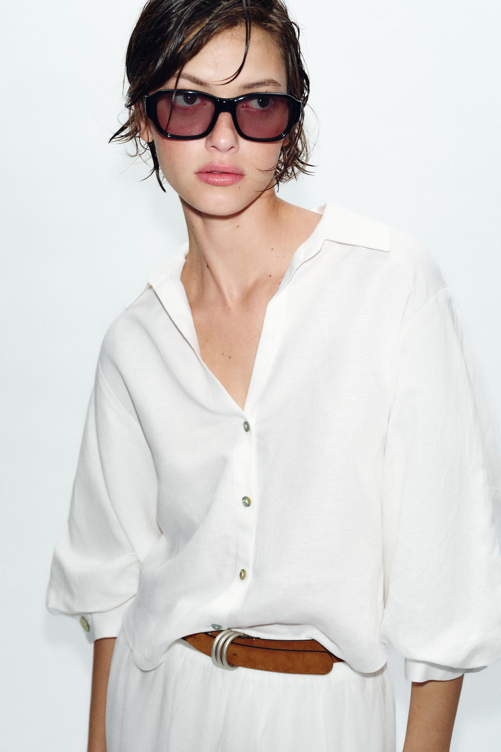 CAMISA MANGA ABULLONADA CON LINO / Blanco - Zara фото 2