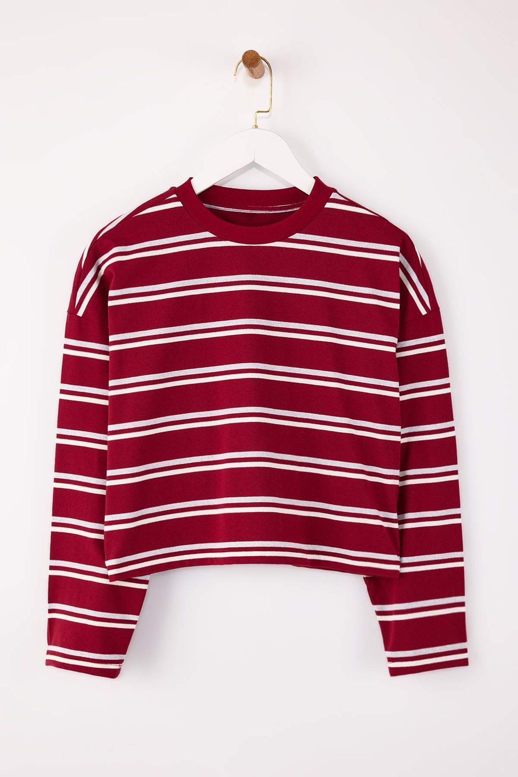 Bordo Cizgili Relaxed/Rahat Kal?p Dusuk Kol Uzun Kollu Tok %100 Pamuk Orme T-Shirt TWOSS26TS00019