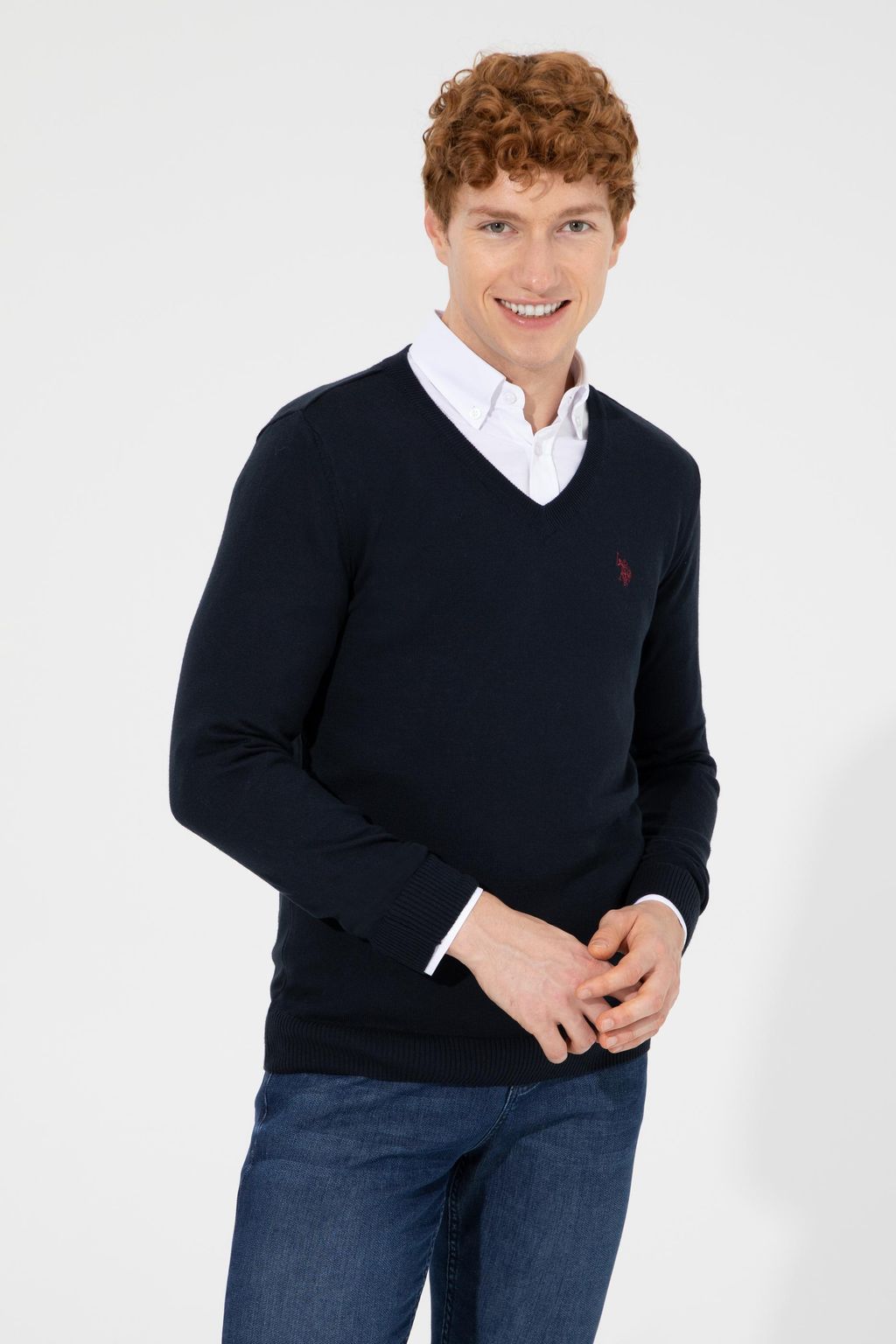 U. S. Polo Assn Мужской базовый трикотажный свитер темно-синего цвета с v-образным вырезом - U.s. polo assn фото 2