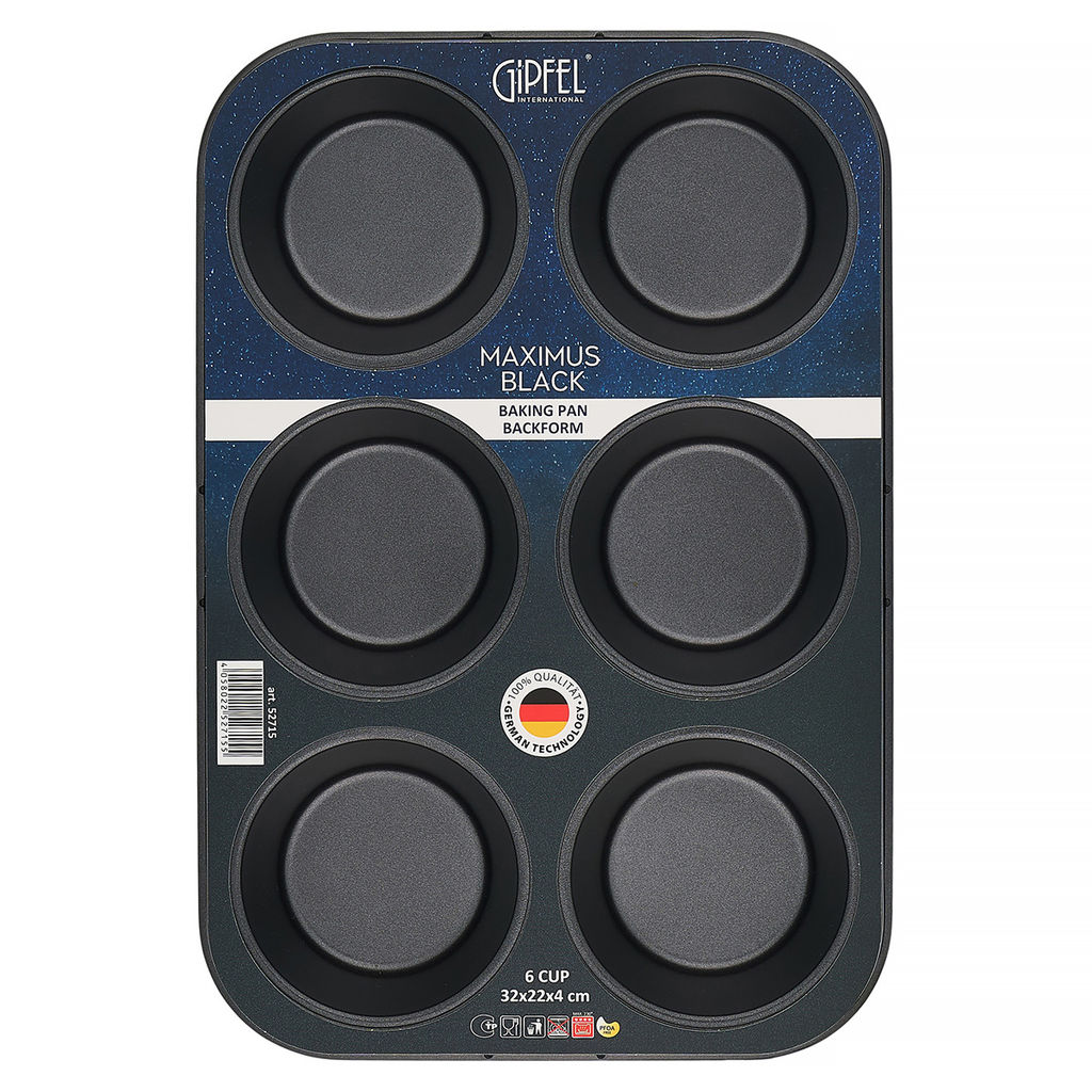 52715 GIPFEL Форма для выпечки маффинов MAXIMUS BLACK 32x22x4см/6шт с двуслойным антипригарным покрытием Whitford Quantanium. Толщина: 0,7мм. Материал: углеродистая сталь. Цвет: чёрный.