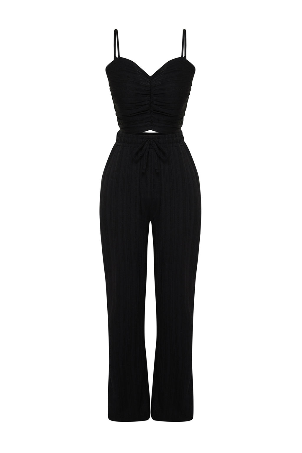 Siyah Dokuma Dokulu Bluz Pantolon Plaj Tak?m TBESS24AU00076