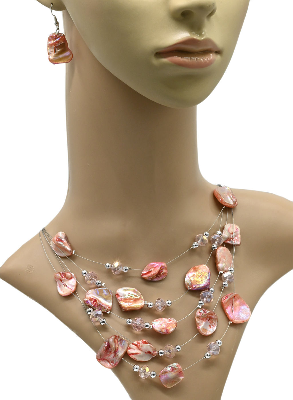 Колье и Серьги 5 нитей из перламутра и циркона, цв.рыжий, 45см