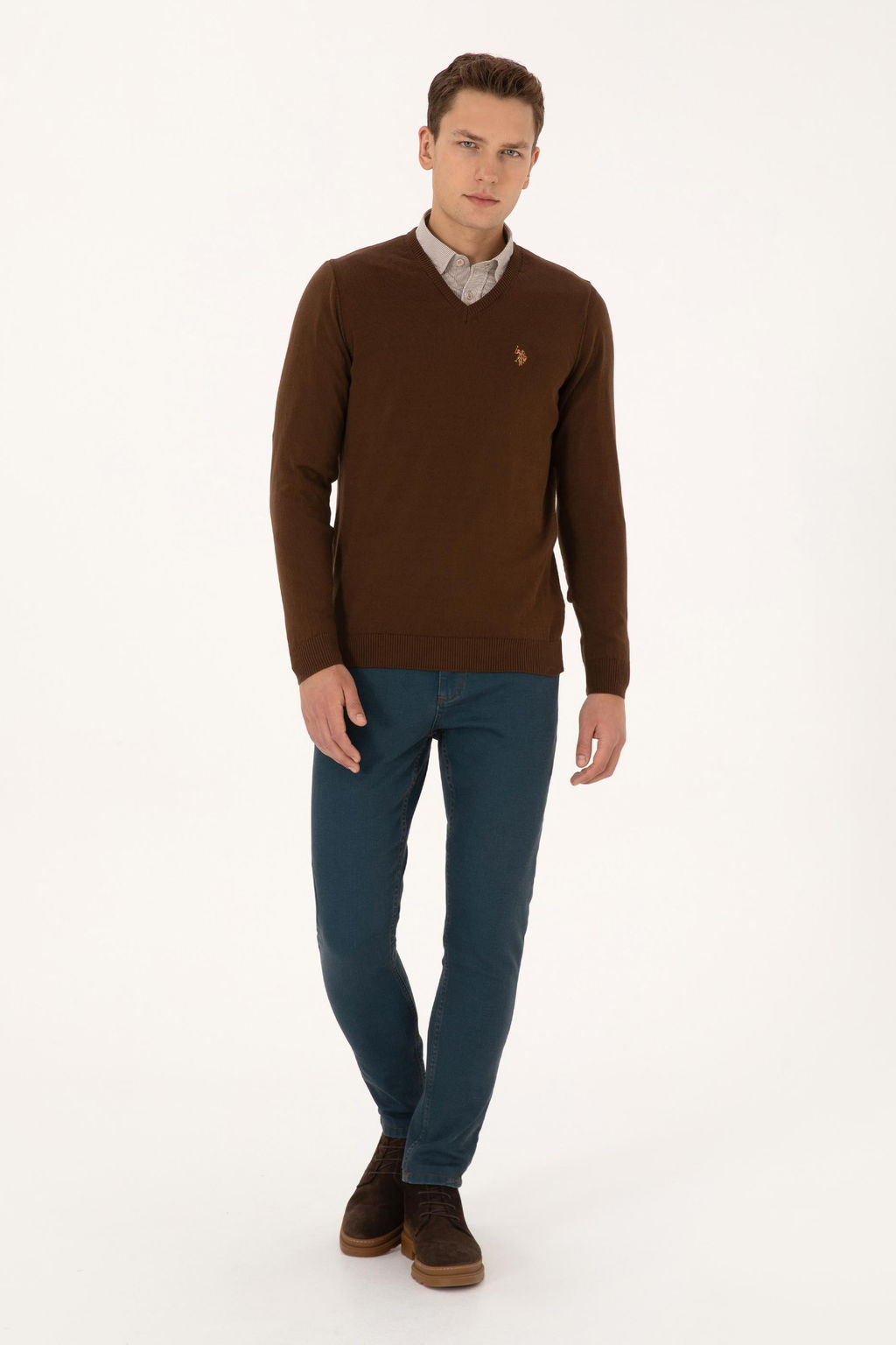 Erkek Slim Fit V Yaka Kahverengi Basic Triko Kazak - U.s. polo assn фото 4