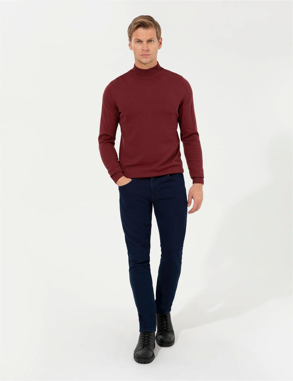Bordo Slim Fit Yar_m Bal_k__ Yaka Basic Triko Kazak - Pierre cardin фото 4