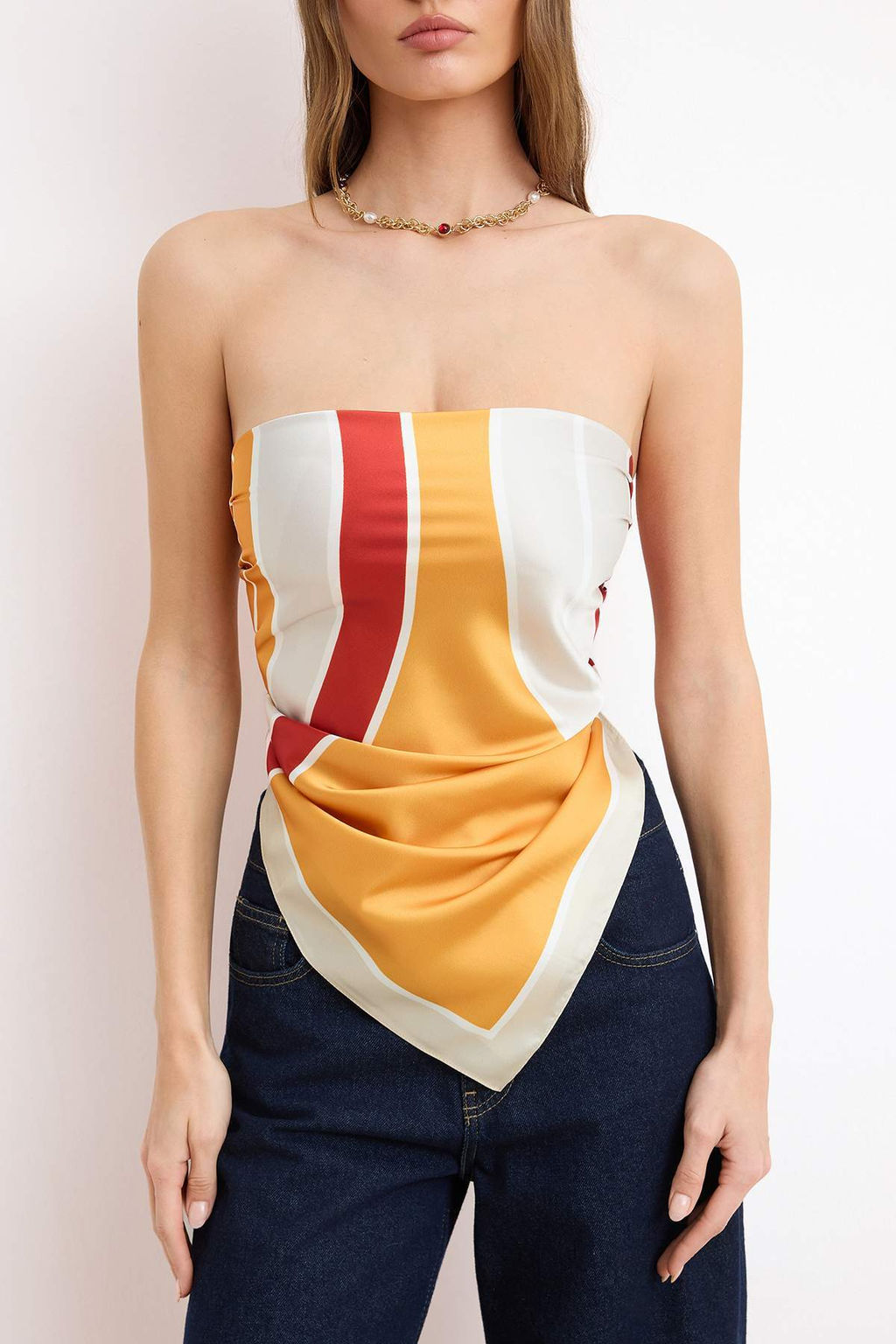 Turuncu Geometrik Desen Farkl? Kullan?ma Uygun Saten Sal Bluz TWOSS26BZ00332