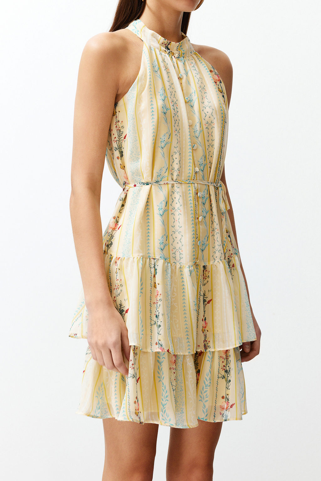 Sar? Cicek Desenli A-Kesim Boho Kat Kat Astarl? Sifon Ucus Ucus Dokuma Mini Elbise TWOSS23EL02056