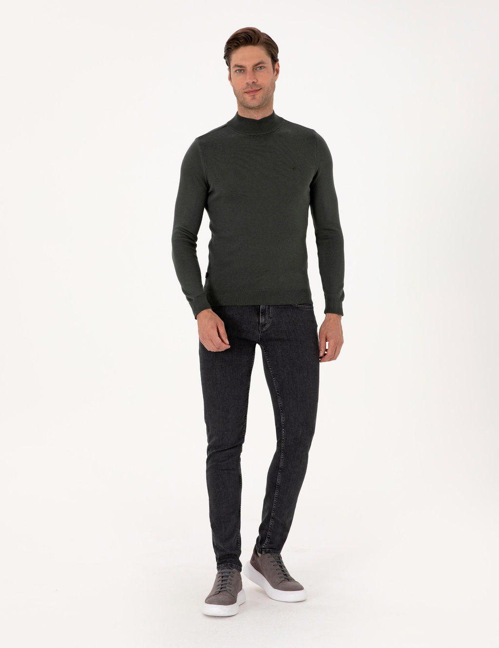 Koyu Haki Slim Fit Yar_m Bal_k__ Yaka Basic Triko Kazak