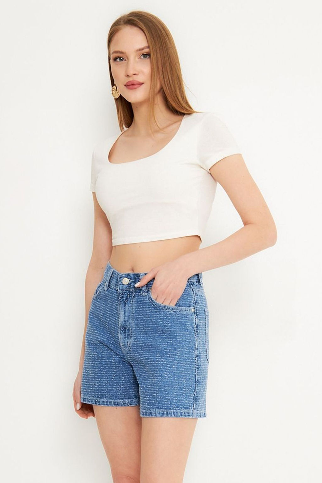 TRENDYOLMILLA Mavi Dokulu City Denim Sort TWOSS25SR00144  фото 2