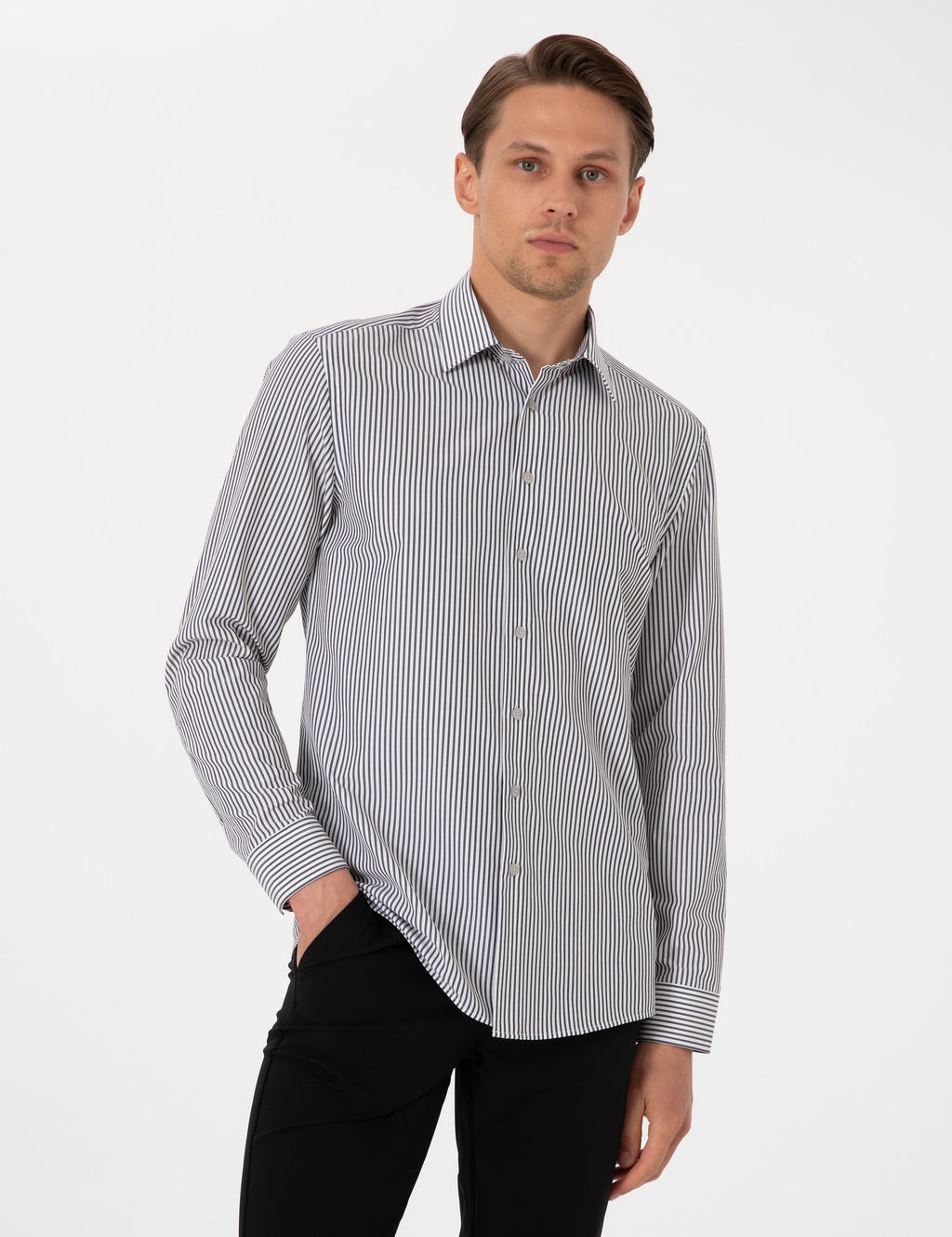 Siyah Slim Fit _izgili Uzun Kollu G_mlek