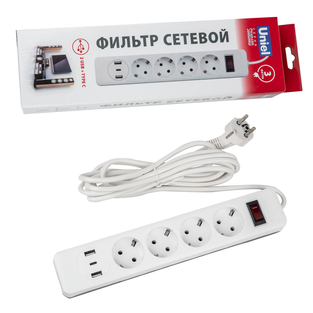 S-GSR4-3 U2C1 WHITE/GREY Сетевой фильтр серии Standard, шнур 3м (Пвс 3х0,75), 4 гнезда, с/з, 2USB+1TYPE C, 10A, 2500Вт. Белый/серый. TM Uniel