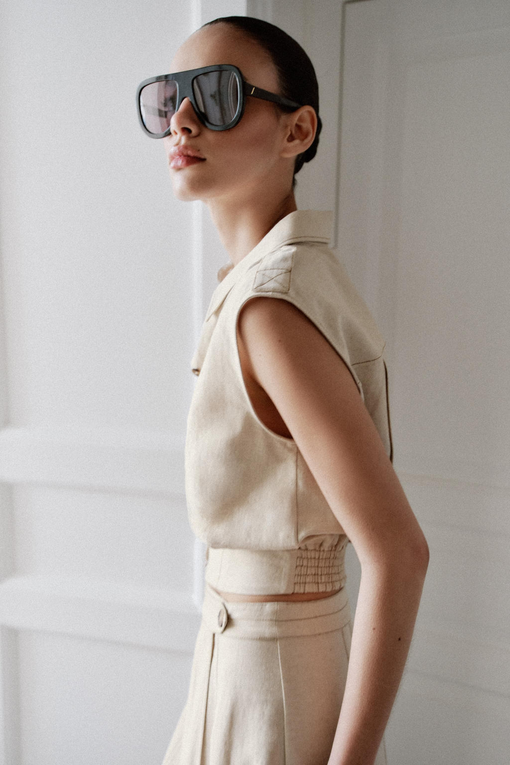 TOP CON LINO MANGA SISA / Beige claro