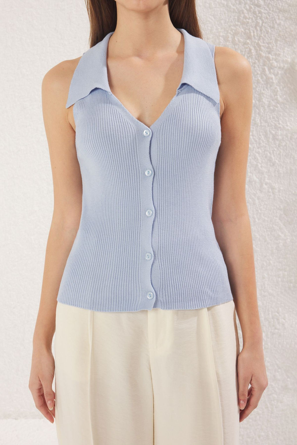 Trendyolmilla Mavi Premium Iplik/Ozel Iplik Polo Yaka Ince Bluz TWOSS25BZ00317  фото 3