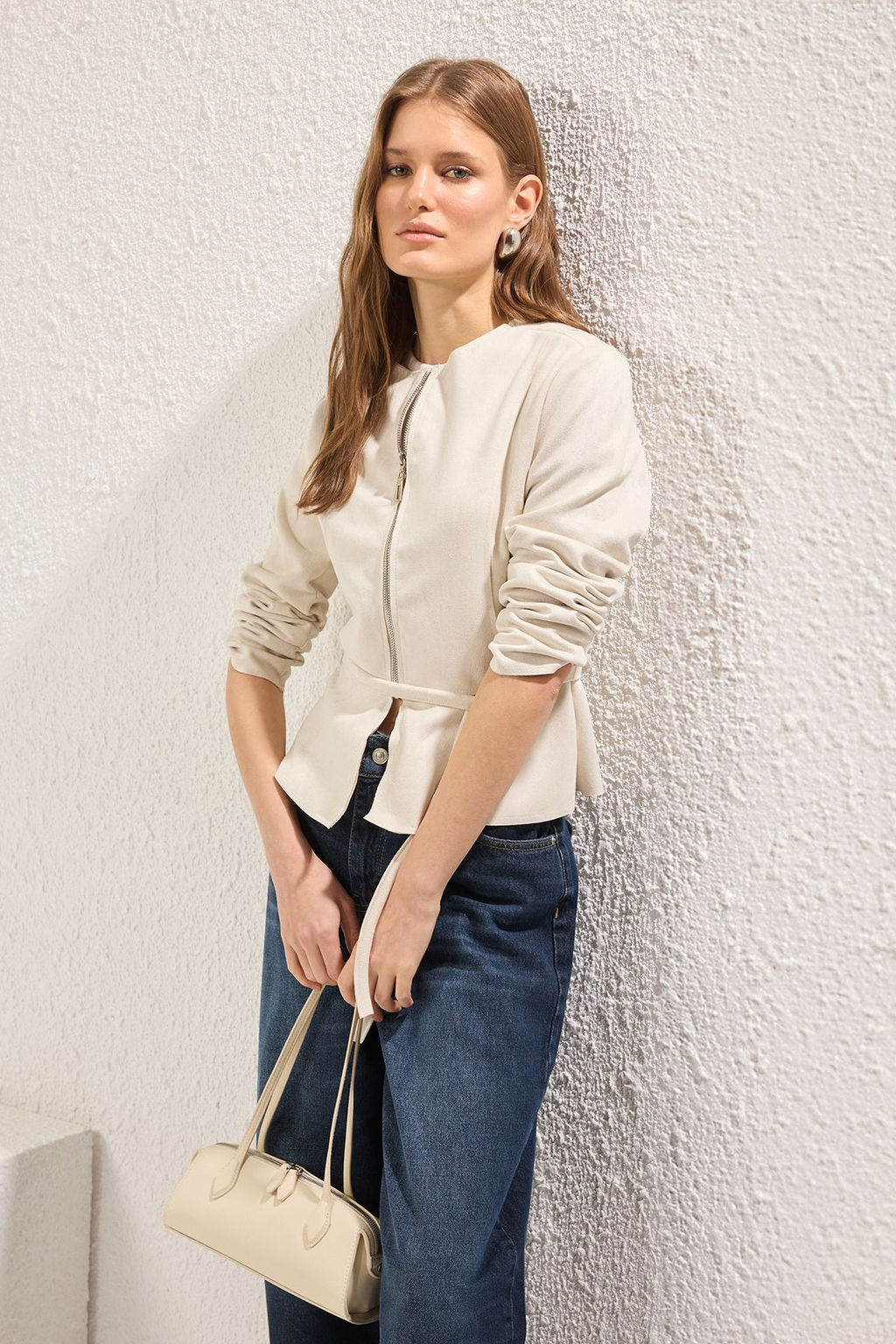 Ekru Regular Kusakl? Suet Ince Ceket Mont TWOSS25MO00043