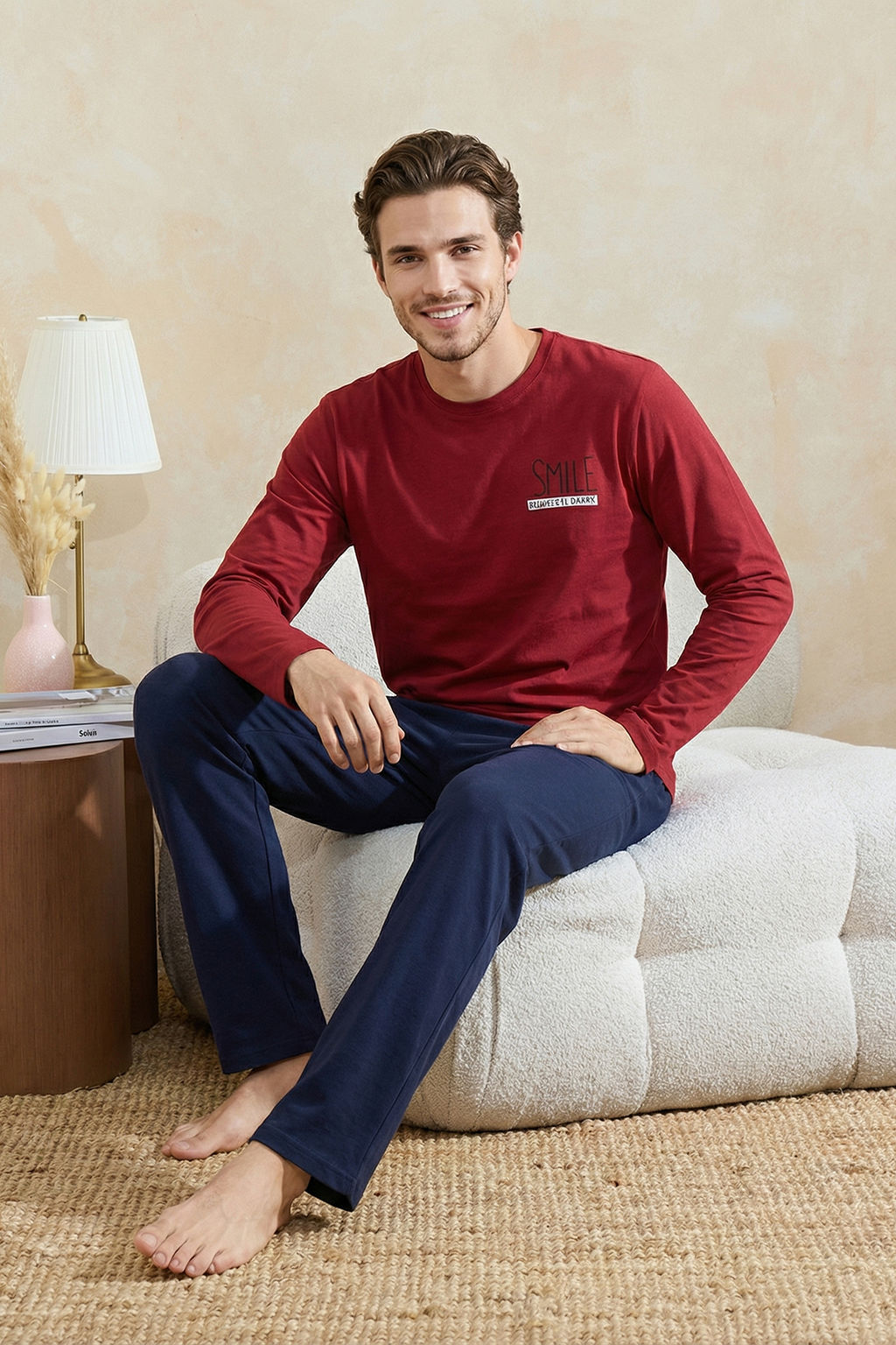 Bordo Regular Fit Bask?l? Orme Pijama Tak?m? TMNAW26PT00081