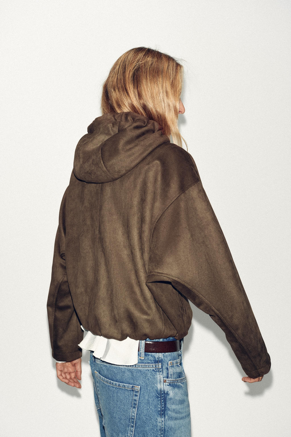 HOODED FAUX SUEDE BOMBER JACKET