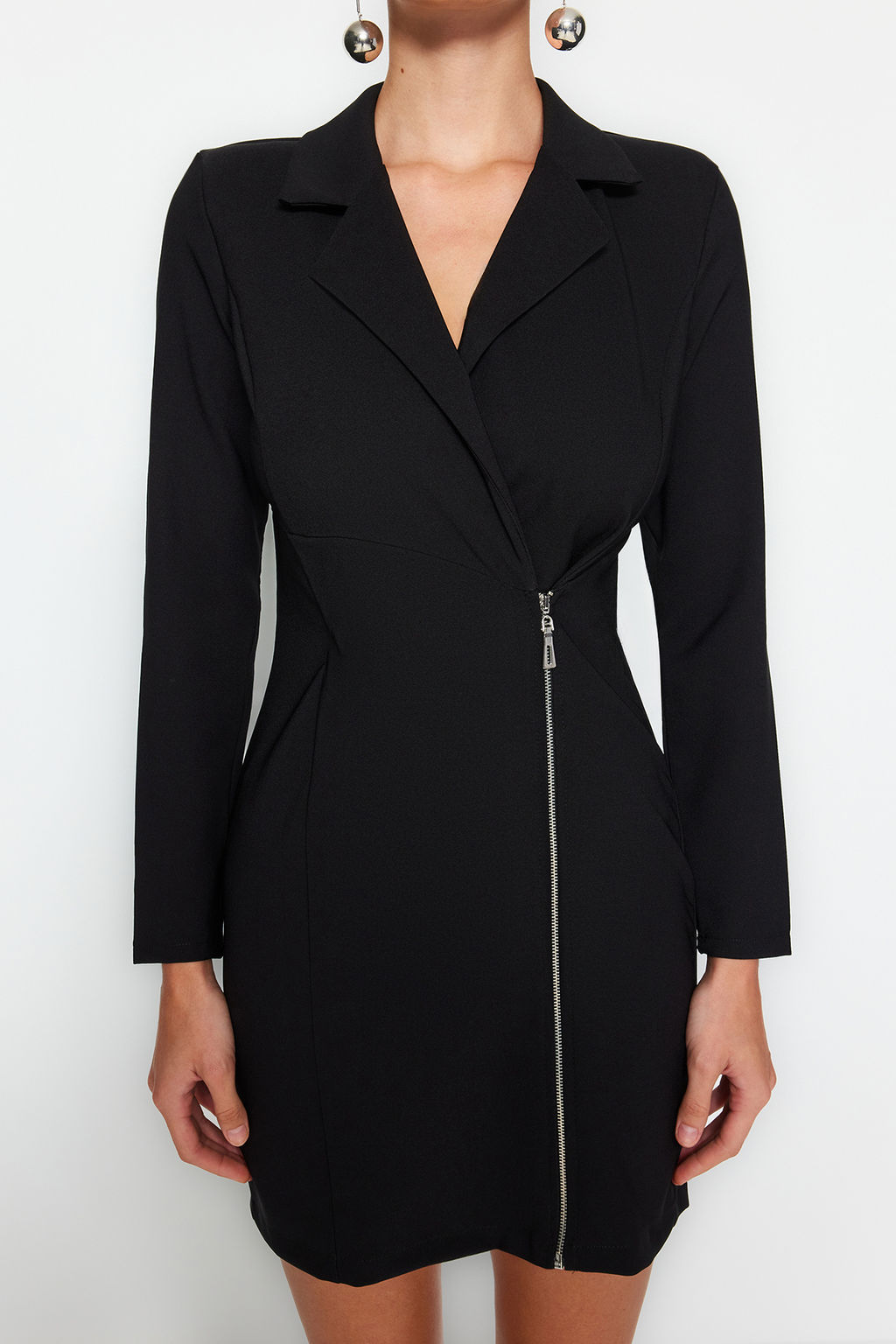 Siyah Ceket Yaka Fermuar Detayl? Dokuma Elbise TWOAW24EL00292 - Trendyolmilla фото 4