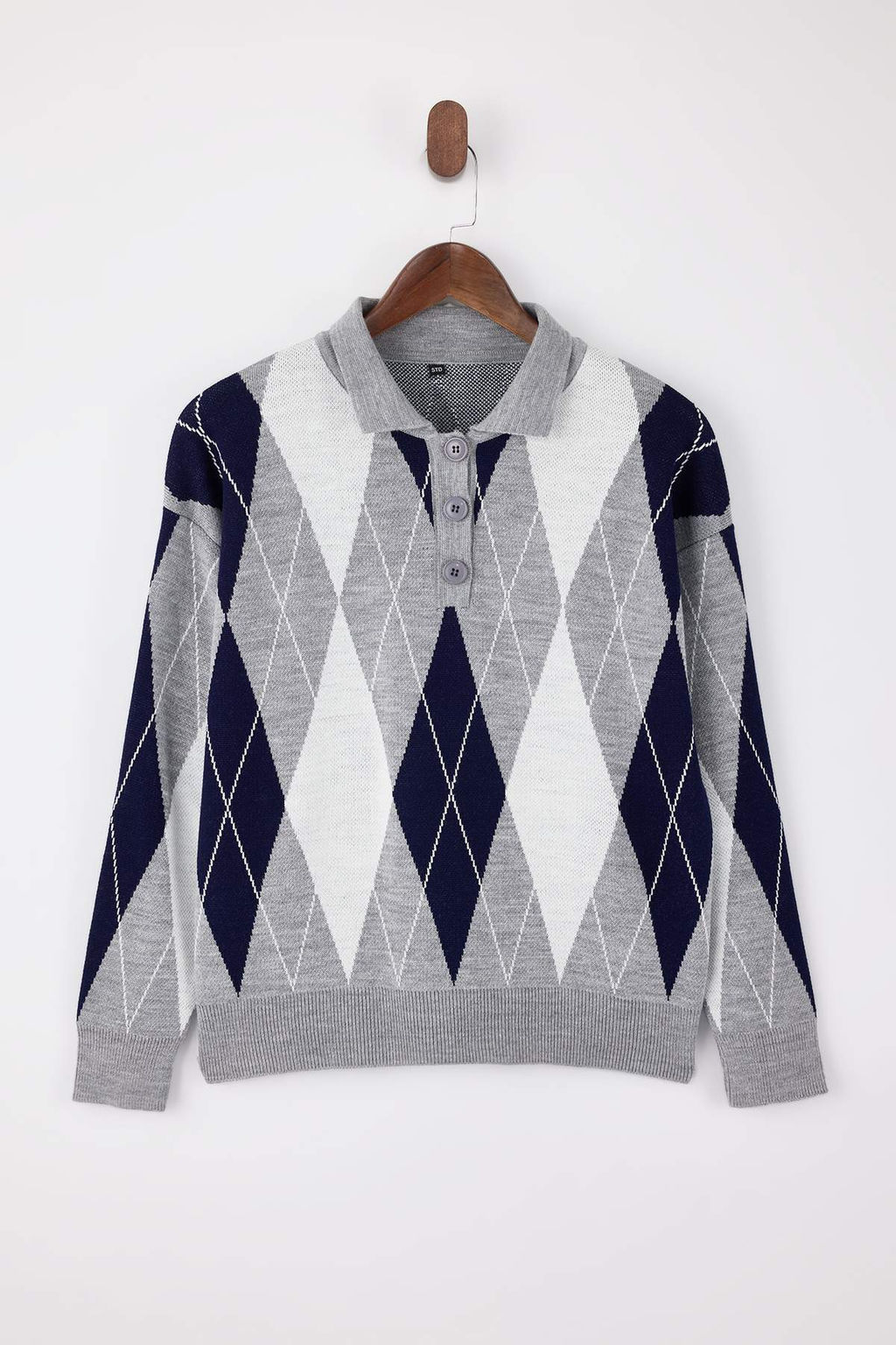 Gri Baklava Desenli Genis Kal?p Triko Kazak TWOAW26KZ00299