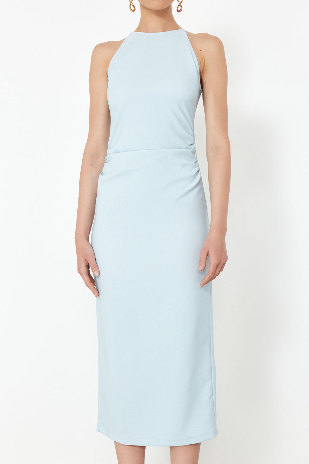 Mavi Vucuda Oturan Halter Yaka Midi Kalem Etek Dokuma Elbise TWOSS24EL00158 - Trendyolmilla фото 4