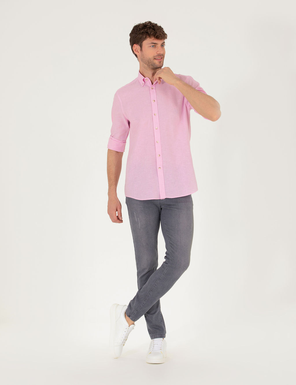 Pembe Keten Kar___ml_ Regular Fit Uzun Kollu G_mlek