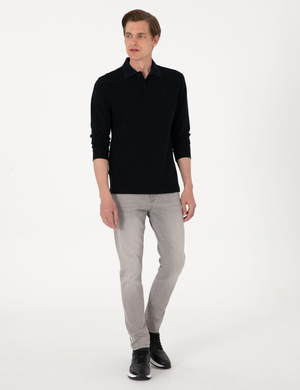 Siyah Slim Fit K_vr_lmaz Polo Yaka Basic Pike Sweatshirt