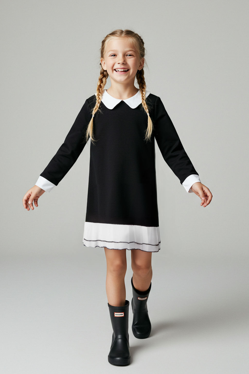 Siyah 100% Pamuk Duz/Basic Gomlek Yaka A-line Orme K?z Cocuk Elbise TKDAW26EL00003