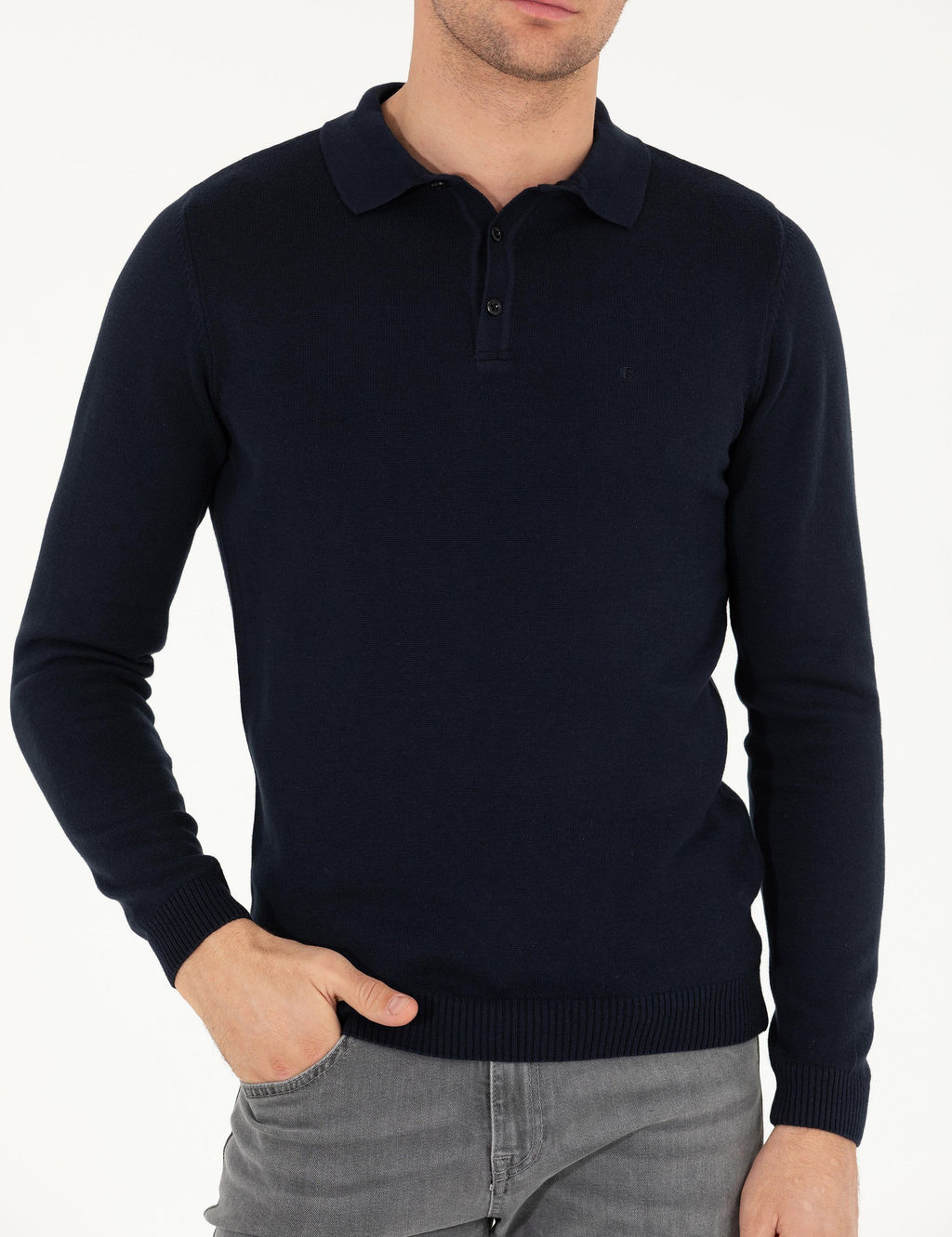 Базовый трикотажный свитер узкого кроя темно-синего цвета с воротником-поло - Cacharel фото 6