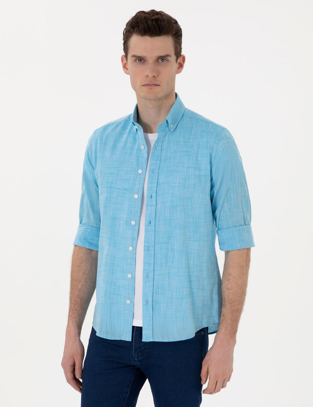 Aqua Keten G_r_n_ml_ Slim Fit Uzun Kollu G_mlek