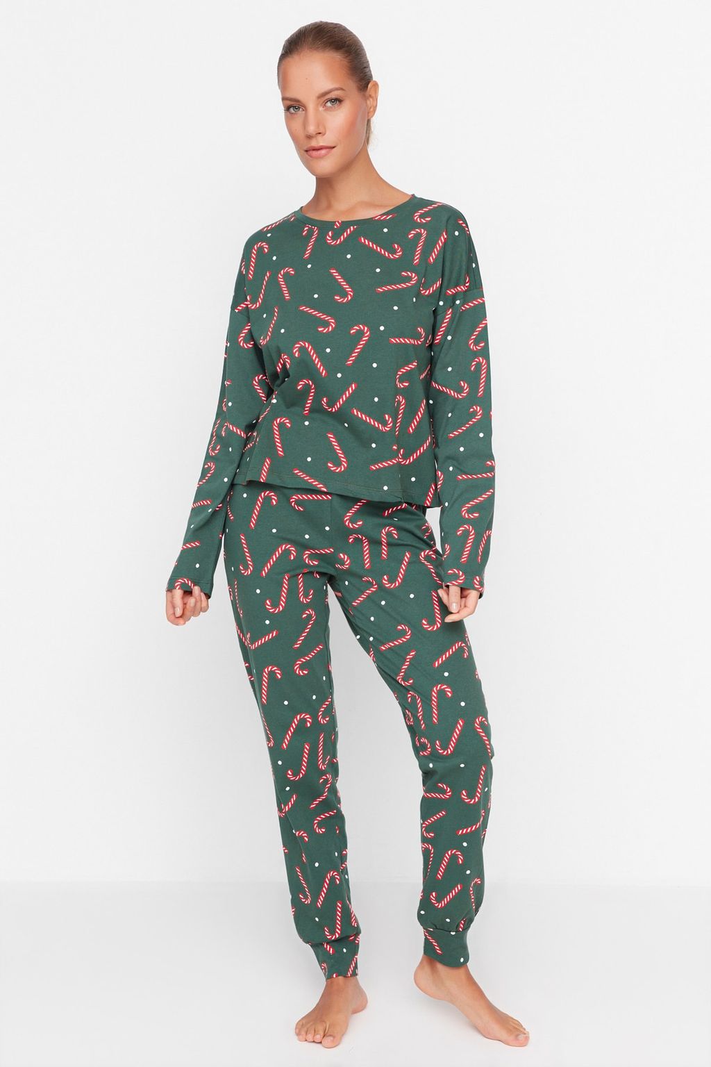 Yesil %100 Pamuklu Y?lbas? Temal? Orme Pijama Tak?m? THMAW21PT0771