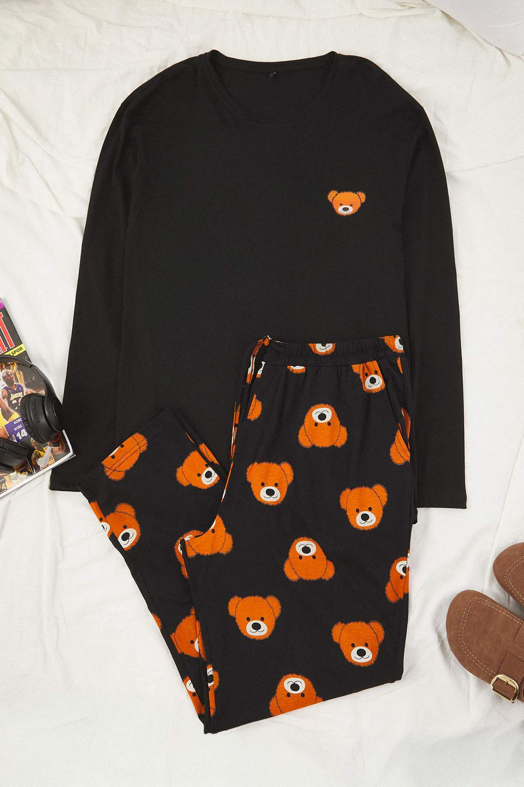 Siyah Regular Kesim Ay?c?k Bask?l? Buyuk Beden Orme Pijama Tak?m? TMNAW26AI00001