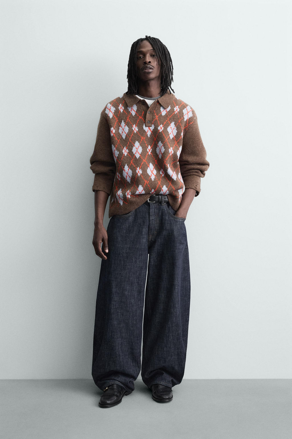 KNIT ARGYLE POLO SHIRT WITH RIPPED EFFECT