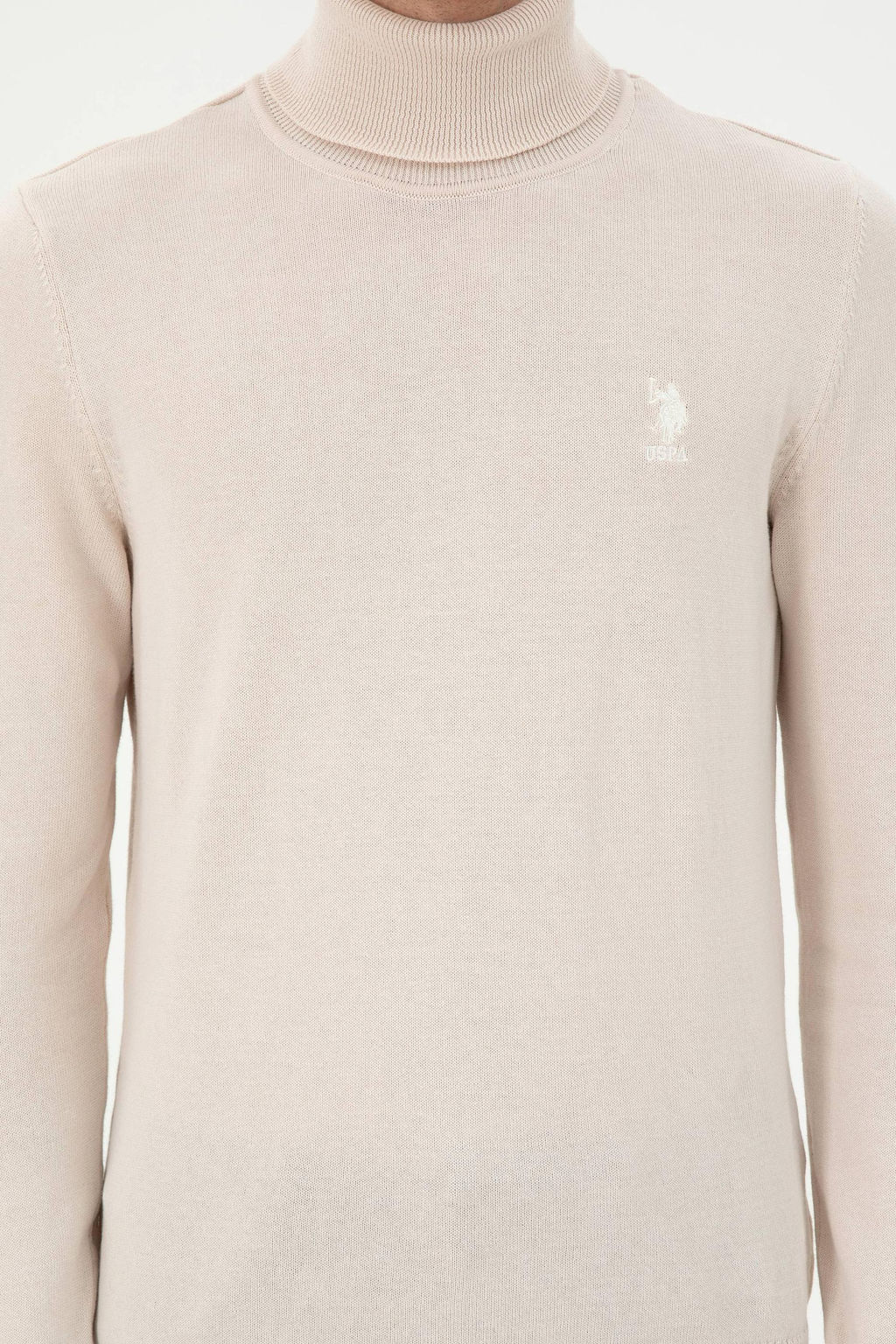 Erkek Slim Fit Bo_azl_ Yaka Krem Melanj Basic Kazak