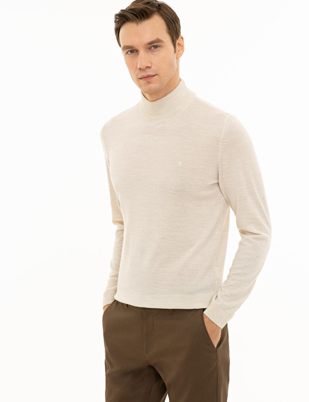 Bej Slim Fit Yar_m Bal_k__ Basic Triko Kazak