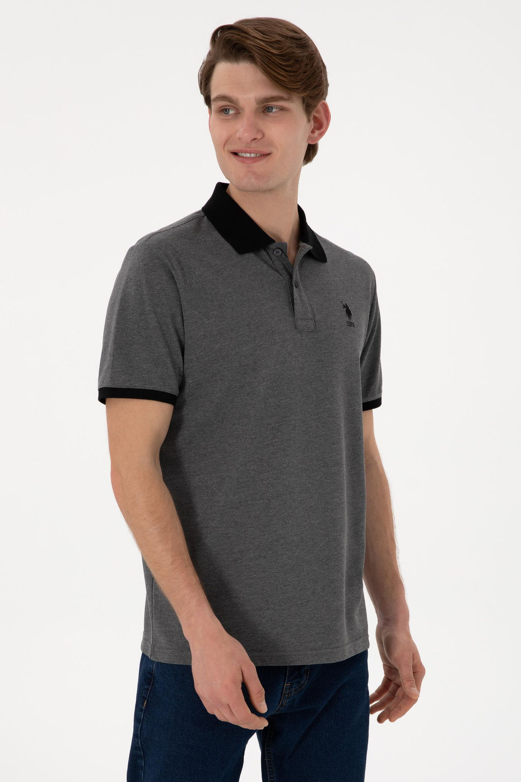 Erkek Regular Fit Polo Yaka Antrasit Melanj Basic Ti__rt Sepette S_rpriz _ndirim