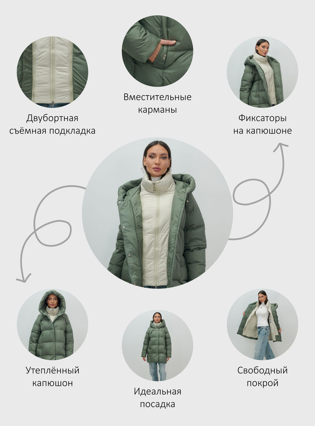 Куртка двубортная женская зимняя с капюшоном цвета хаки 7736Kh Бренд: Visdeer  фото 24