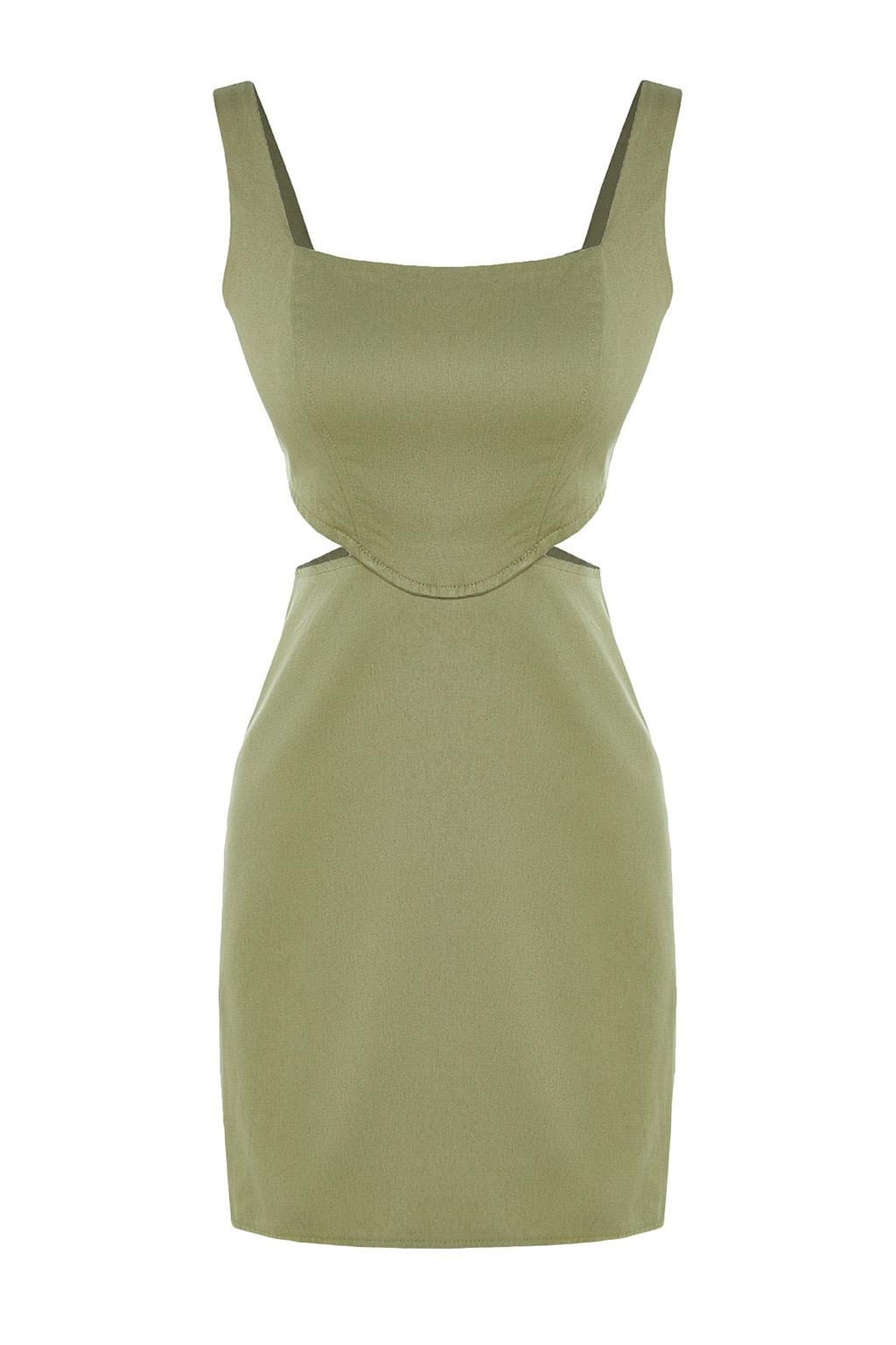 Haki A-Kesim Mini Pamuklu Bel Dekolteli Kare Yaka Astarl? Dokuma Elbise TWOSS23EL00596