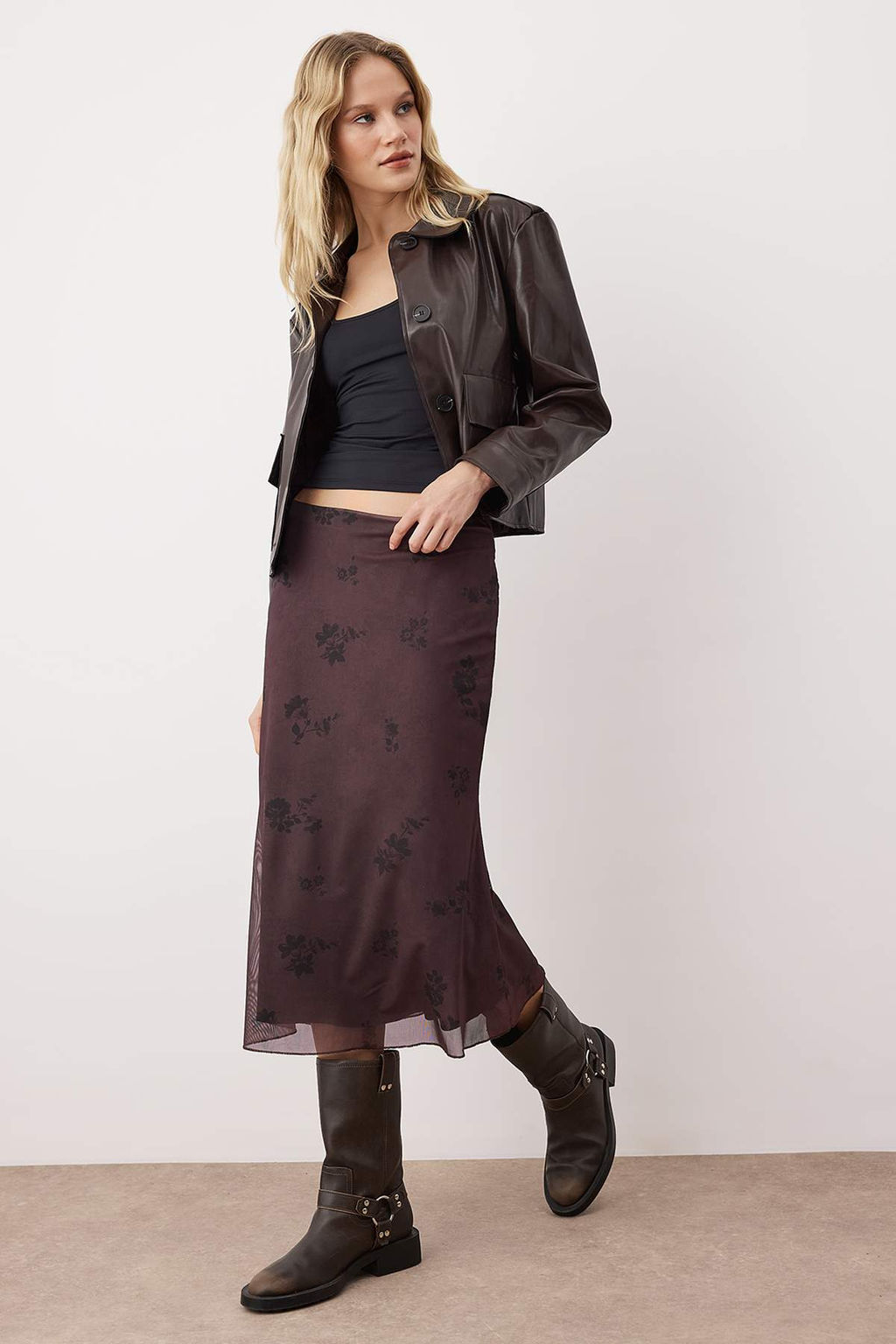 Teen Haki Cicek Bask?l? Bodycon Tul Esnek Orme Etek TWOAW26ET00036 - Trendyolmilla фото 2