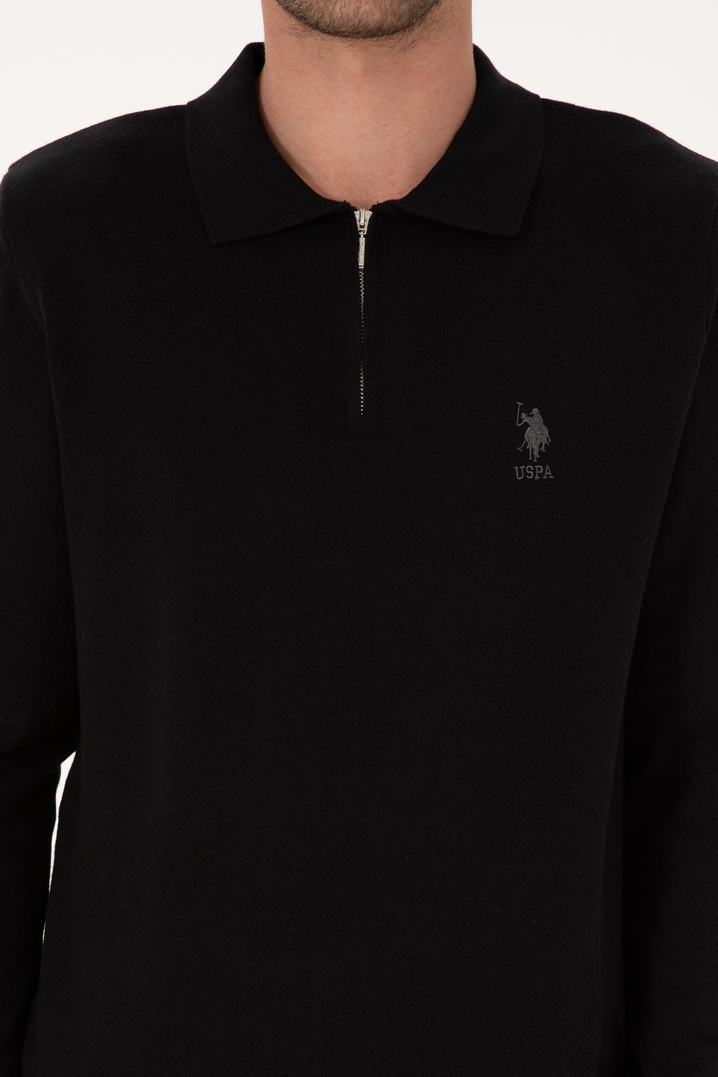 Erkek Slim Fit Yar_m Fermuarl_ Polo Yaka Siyah Kazak