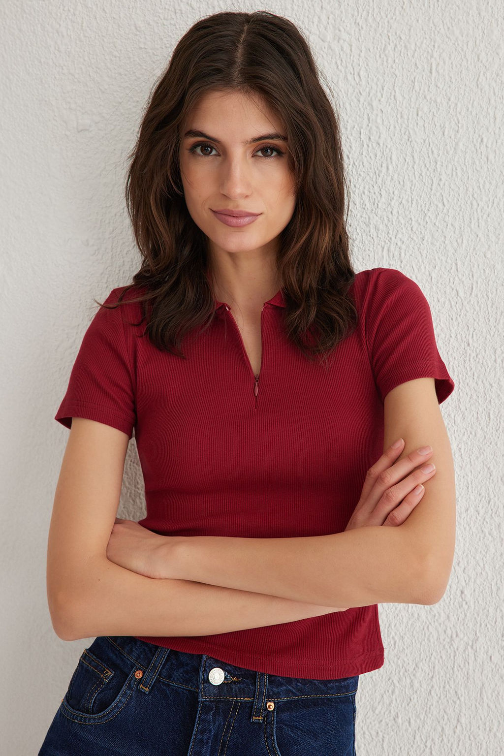 Ekru Fitted/Vucuda Oturan Polo Yaka Esnek Orme Bluz TWOSS25BZ00039 - Trendyolmilla фото 12