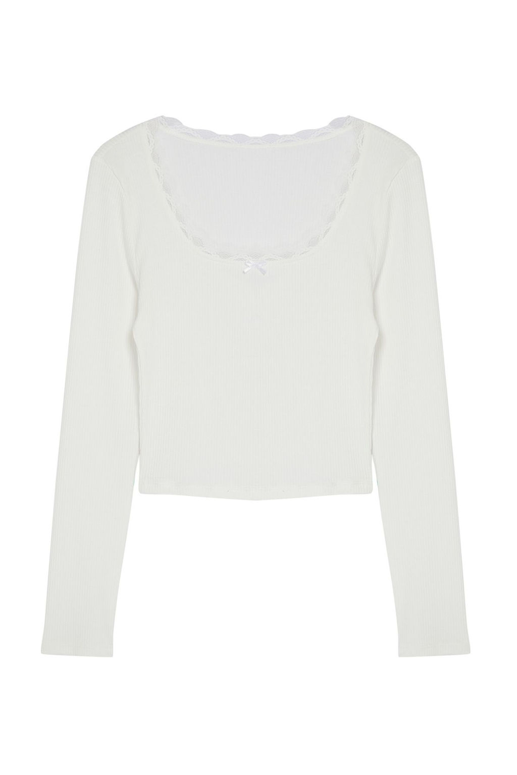 Trendyolmilla Siyah Kare Yaka Dantel Detayl? Crop/K?sa Orme Bluz TWOAW25BZ00007