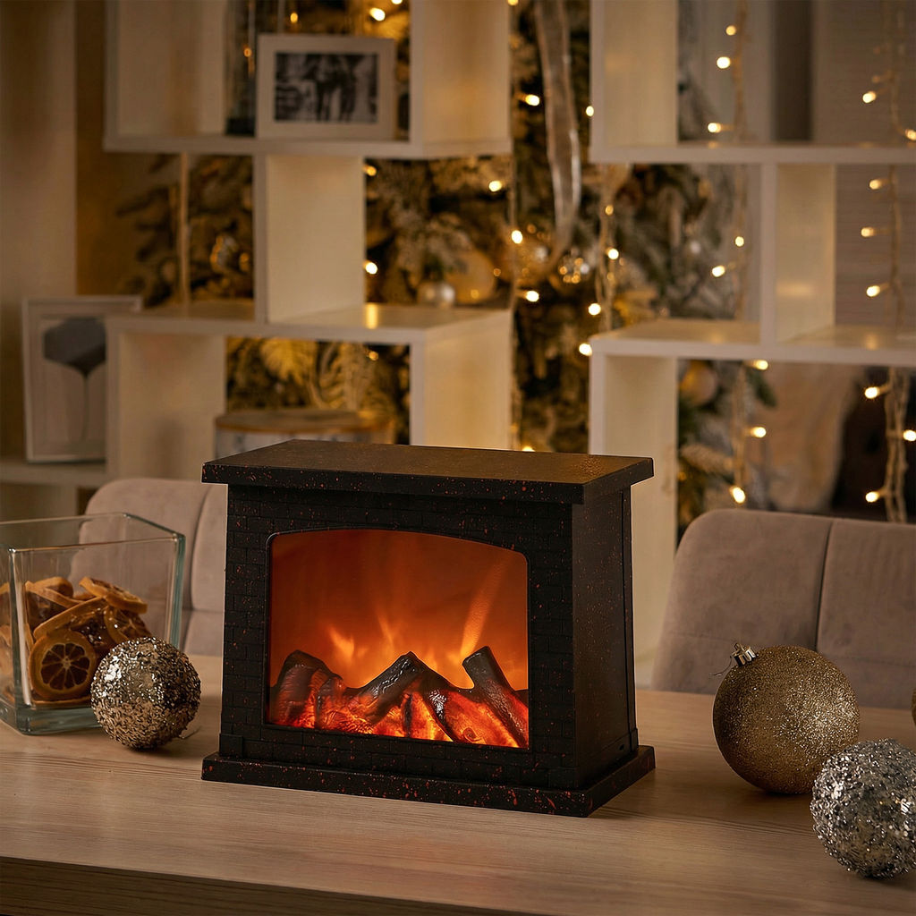 ULD-L2821-005/DNC/RED BLACK FIREPLACE Светильник светодиодный Камин с эффектом пламени, питание от батареек 3АА (не в/к) или USB (в/к), 28х21см. 5 светодиодов. Корпус черный. TM Uniel