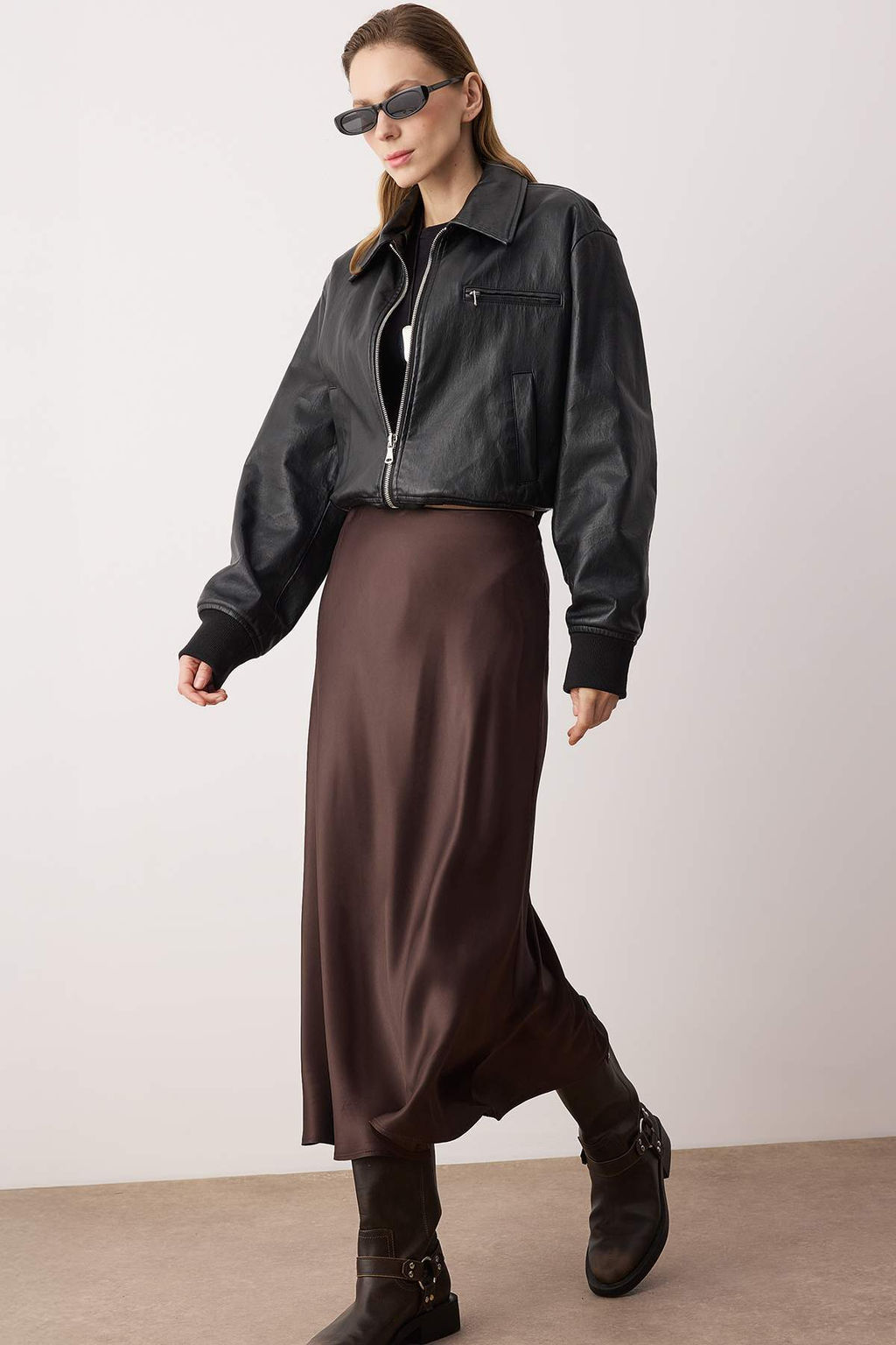 Kahverengi Saten A-line/Can Kesim Midi Etek TWOAW26ET00163