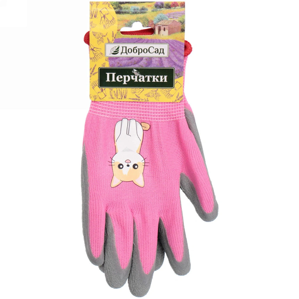 Цена за 2 шт. Перчатки нейлоновые детские "Little gardener-Котик" с полиуретановым покрытием полуоблитые, розовые M р-р ДоброСад
