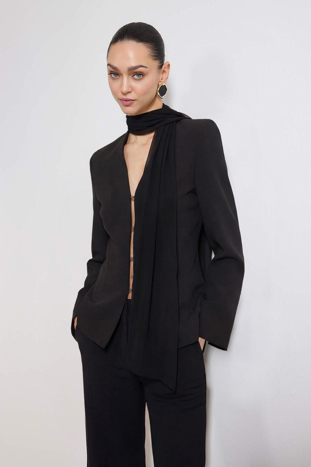 Siyah Sifon Sal Detayl? Kapama Detayl? Fitted/Vucuda Oturan Dokuma Blazer Ceket TWOSS26BC00019 - Trendyolmilla фото 5