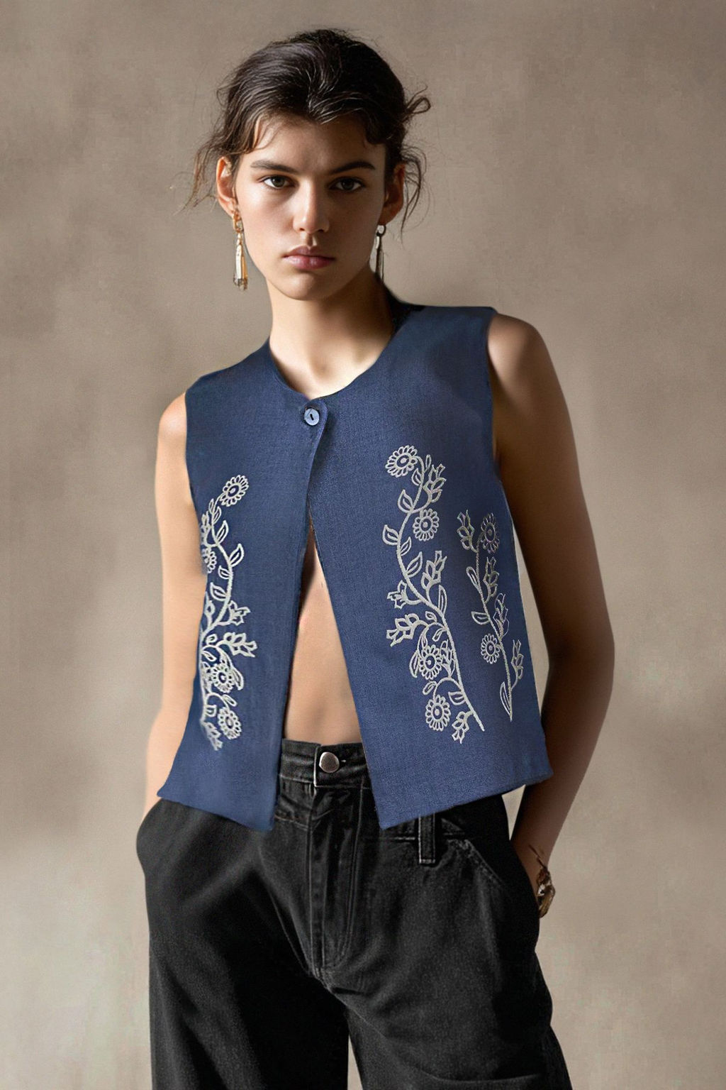 Indigo Keten Gorunumlu Nak?sl? Yelek TWOSS25YE00111