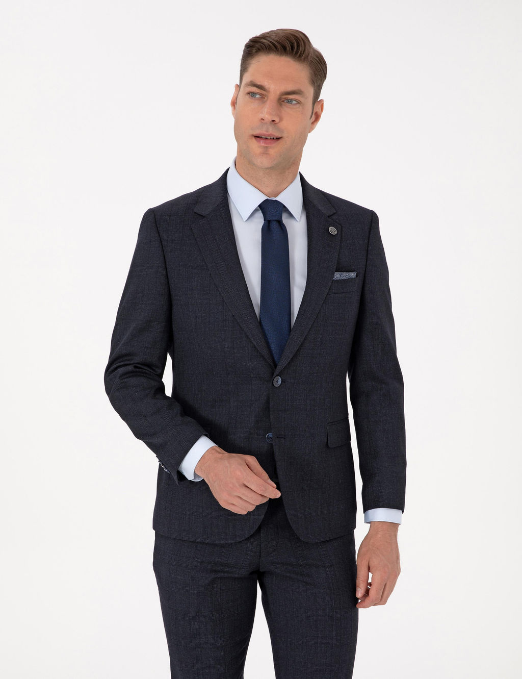 Lacivert Slim Fit Y_n Kar___ml_ Ekose Tak_m Elbise
